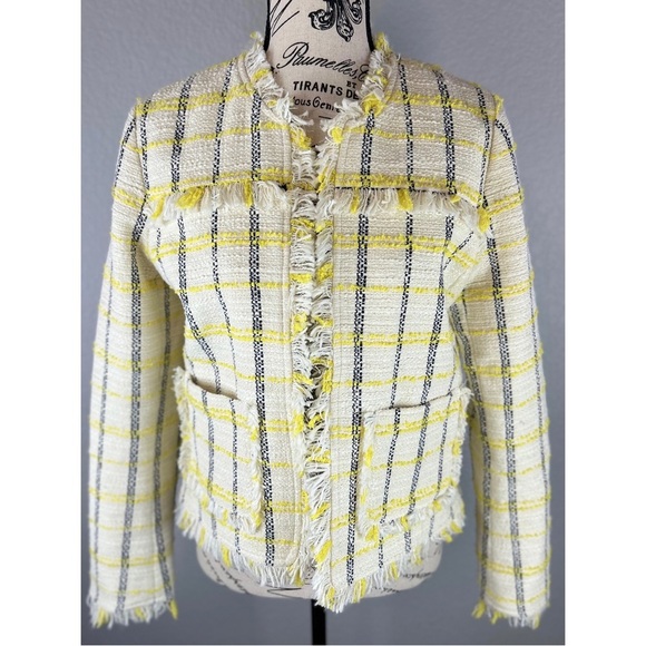 Halogwn Check Tweed Fringed Jacket Yellow/White/Black, size Medium - Picture 2 of 8